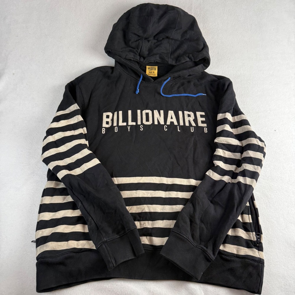 Billionaire Boys Club BBC Striped Logo Hoodie Black Cream XL Zip Pockets Mens